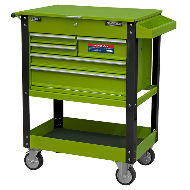 Sealey AP890MHV | Superline PRO Heavy-Duty Mobile Tool & Parts Trolley with 5 Drawers and Lockable Top - Hi-Vis Green
