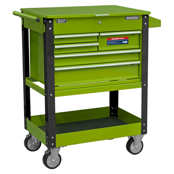 Sealey AP890MHV | Superline PRO Heavy-Duty Mobile Tool & Parts Trolley with 5 Drawers and Lockable Top - Hi-Vis Green