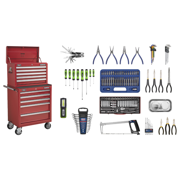 Sealey APCOMBOBBTK55 | Superline PRO Topchest & Rollcab Combination 10 Drawer with 148pc Tool Kit - Red