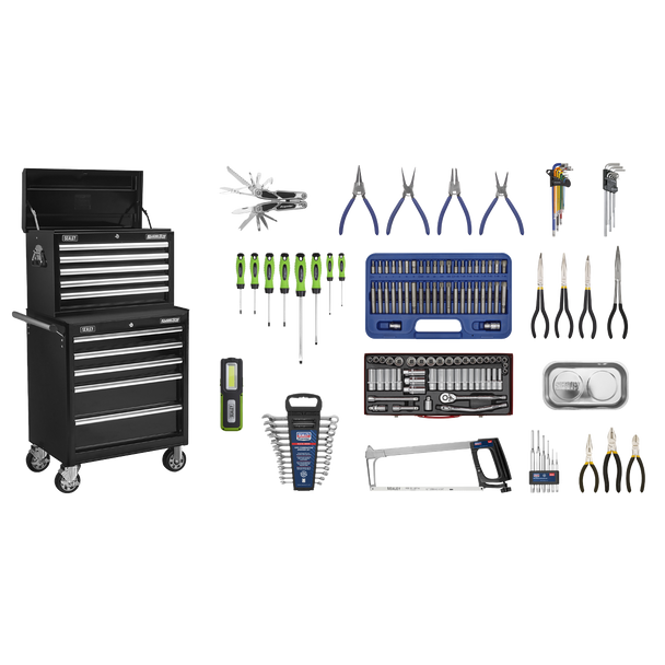 Sealey APCOMBOBBTK56 | Superline PRO Topchest & Rollcab Combination 10 Drawer with 148pc Tool Kit - Black