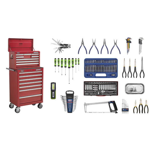 Sealey APCOMBOBBTK57 | Superline PRO Topchest & Rollcab Combination 15 Drawer with 148pc Tool Kit - Red