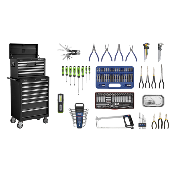 Sealey APCOMBOBBTK58 | Superline PRO Topchest & Rollcab Combination 15 Drawer with 148pc Tool Kit - Black