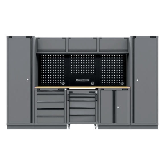 Sealey APMSBESTACK01W ⏐ Superline PRO® Black Edition Storage System with Rubber Wood Worktop 3.24m