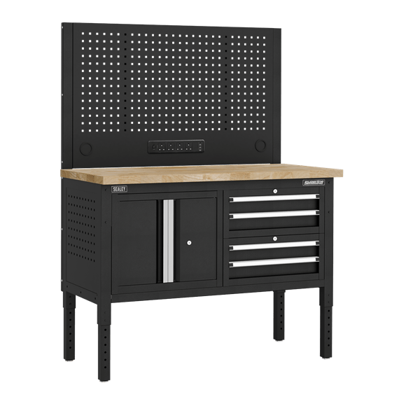 Sealey APMWB50COMBO1W ⏐ Superline PRO® Modular Workbench with 4 Drawers & Cupboard Wooden Worktop 1265mm