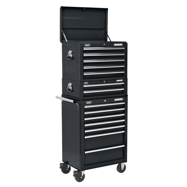 Sealey APSTACKTB │Superline PRO® Topchest, Mid-Box Tool Chest & Rollcab Combination 14 Drawer - Black