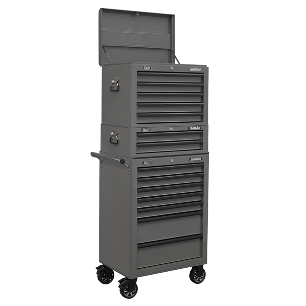 Sealey APSTACKTGR │Superline PRO® Topchest, Mid-Box Tool Chest & Rollcab Combination 14 Drawer - Grey