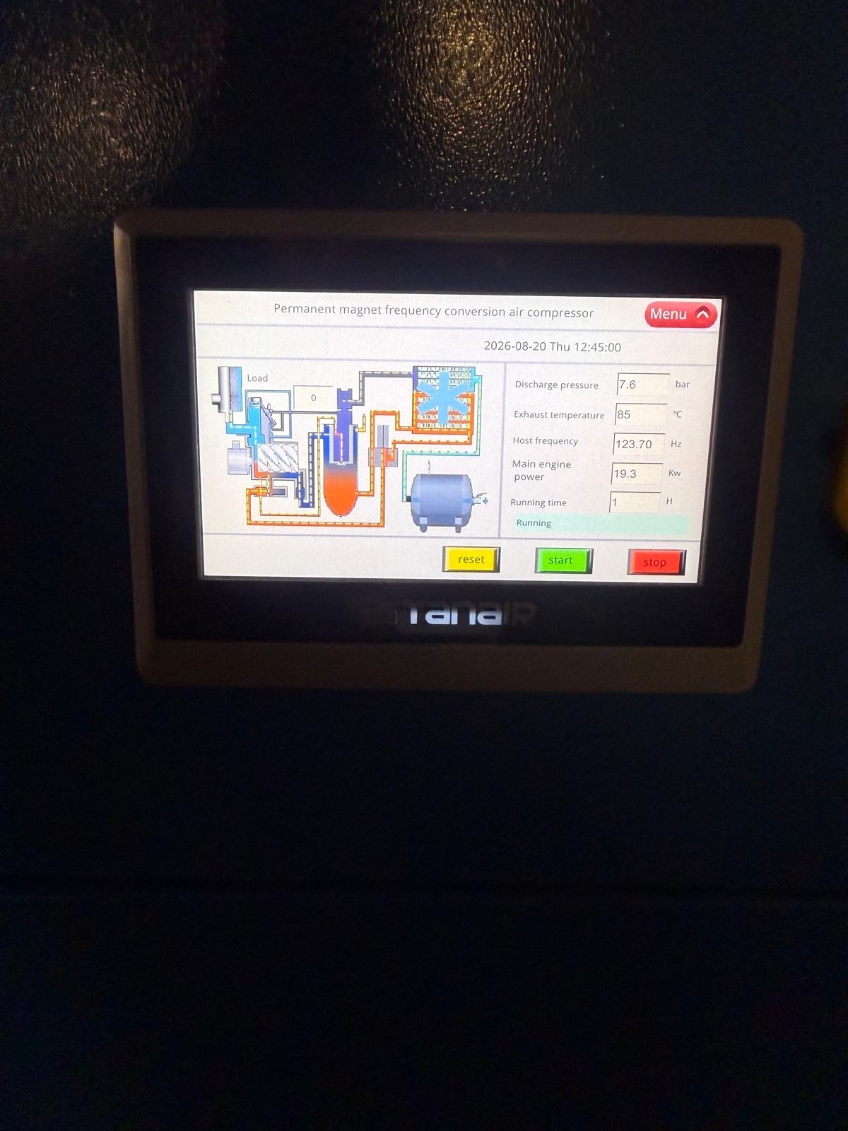Tanair TAN-S-22VSD commissioning screen during initial operation at Arcadian Products