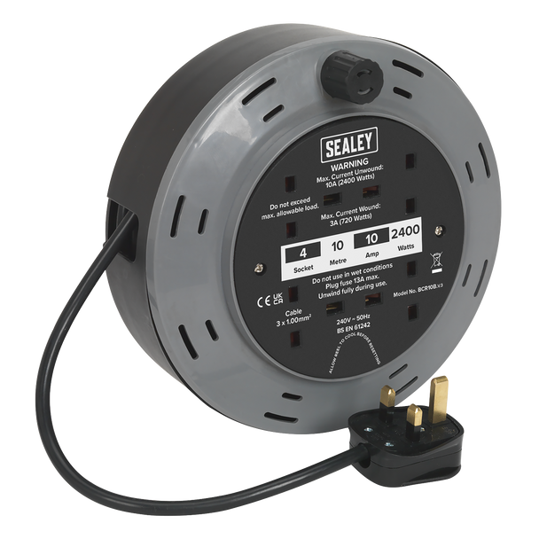 Sealey BCR10B | 10m Cassette Type Cable Reel with Thermal Trip 4 x 230V
