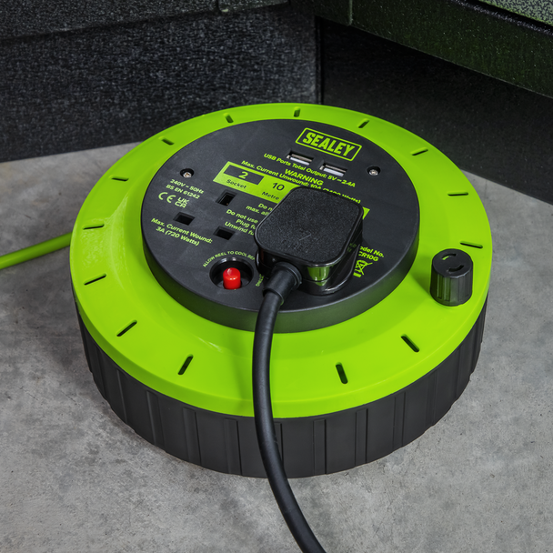 Sealey BCR10G | 10m Cassette Type Cable Reel with Thermal Trip 2 x 230V & 2 x USB - Hi-Vis Green