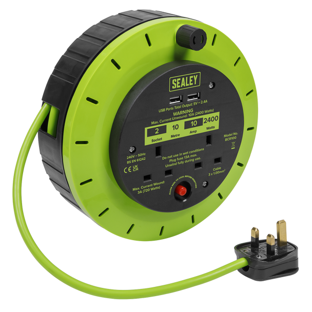 Sealey BCR10G | 10m Cassette Type Cable Reel with Thermal Trip 2 x 230V & 2 x USB - Hi-Vis Green