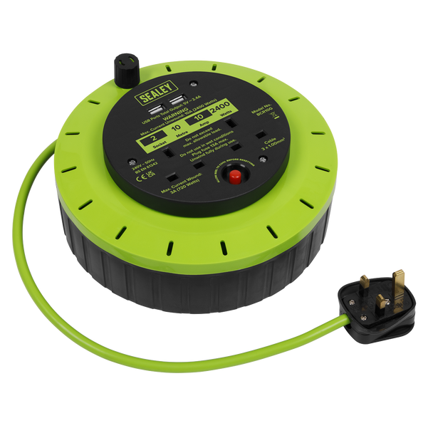 Sealey BCR10G | 10m Cassette Type Cable Reel with Thermal Trip 2 x 230V & 2 x USB - Hi-Vis Green