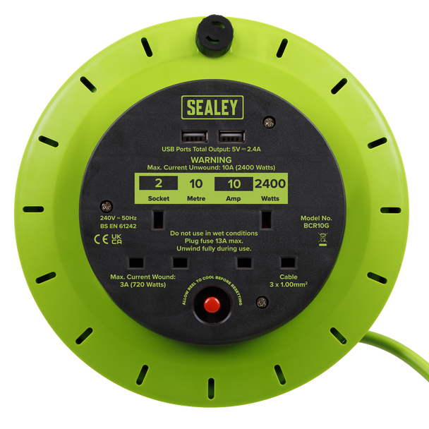 Sealey BCR10G | 10m Cassette Type Cable Reel with Thermal Trip 2 x 230V & 2 x USB - Hi-Vis Green