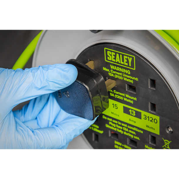 Sealey BCR153TG | 15m Cable Reel with Thermal Trip 4 x 230V - Hi-Vis Green