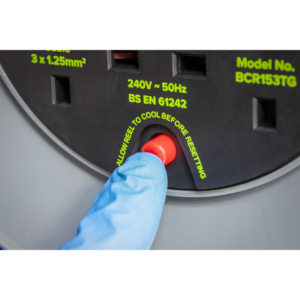 Sealey BCR153TG | 15m Cable Reel with Thermal Trip 4 x 230V - Hi-Vis Green