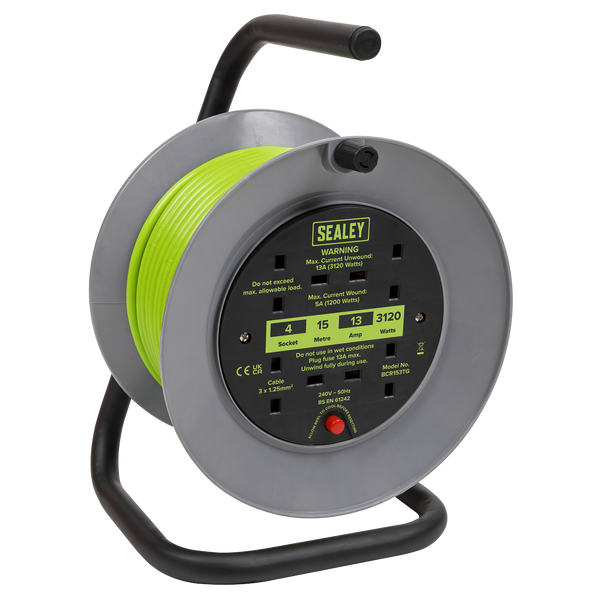 Sealey BCR153TG | 15m Cable Reel with Thermal Trip 4 x 230V - Hi-Vis Green