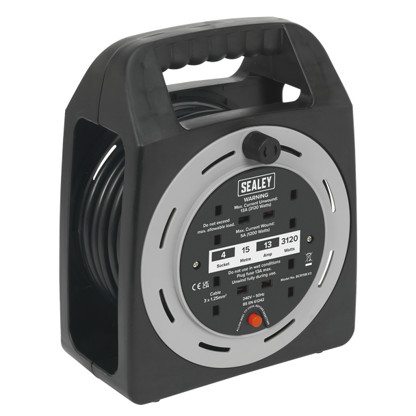 Sealey BCR15CB | 15m Box Type Cable Reel with Thermal Trip 4 x 230V