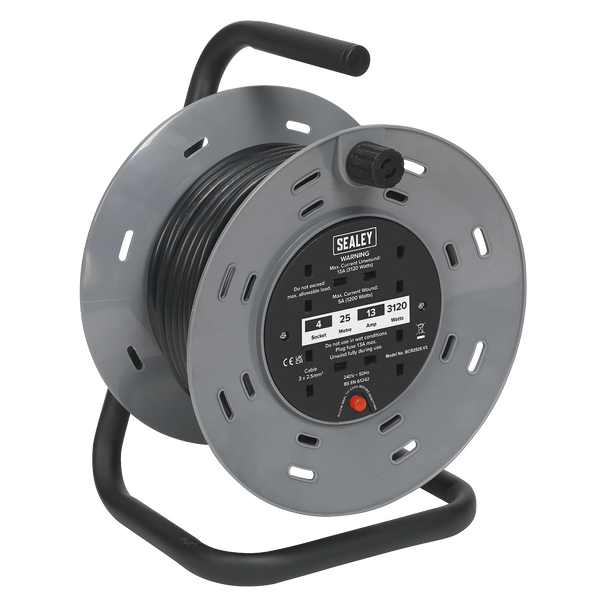 Sealey BCR2525 | 25m Cable Reel with Thermal Trip 4 x 230V