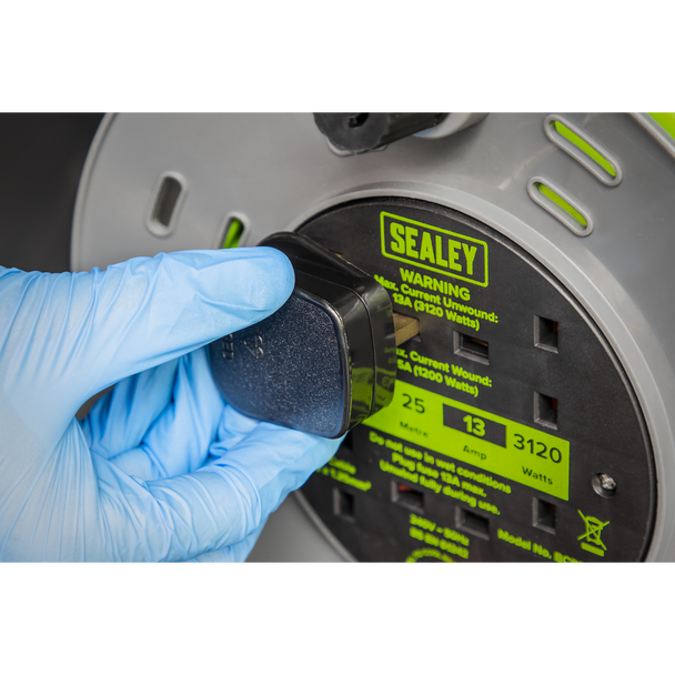 Sealey BCR25G | 25m Cable Reel with Thermal Trip 4 x 230V - Hi-Vis Green
