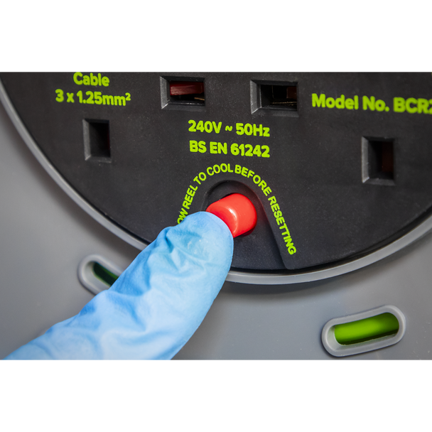 Sealey BCR25G | 25m Cable Reel with Thermal Trip 4 x 230V - Hi-Vis Green