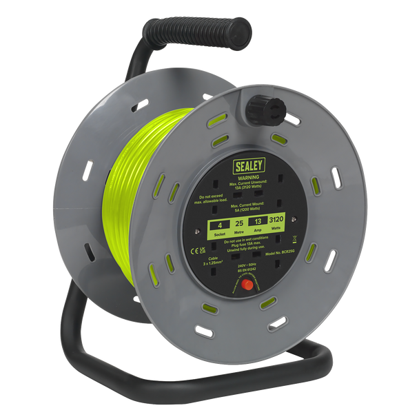 Sealey BCR25G | 25m Cable Reel with Thermal Trip 4 x 230V - Hi-Vis Green