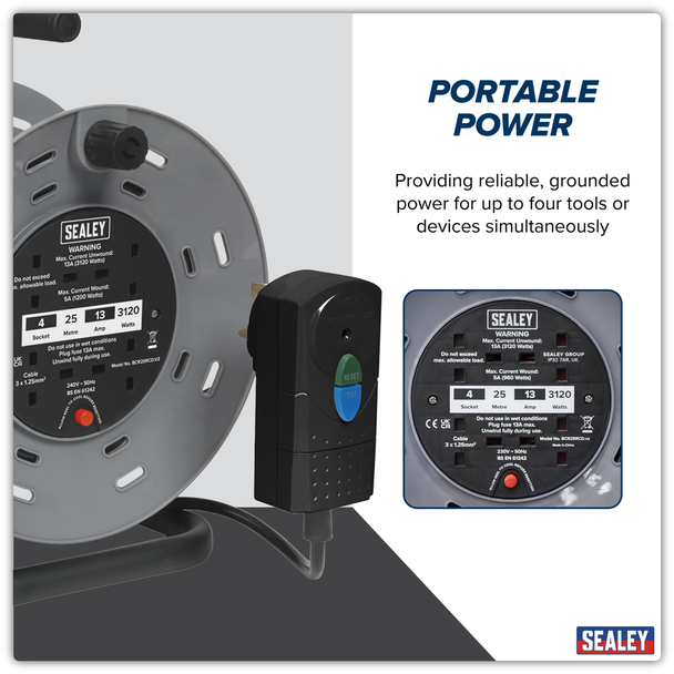 Sealey BCR25RCD | 25m Cable Reel with Thermal Trip & RCD Plug 4 x 230V