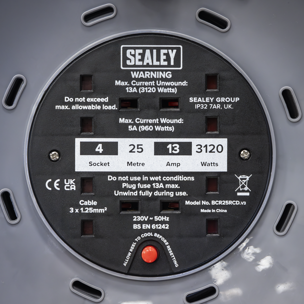 Sealey BCR25RCD | 25m Cable Reel with Thermal Trip & RCD Plug 4 x 230V