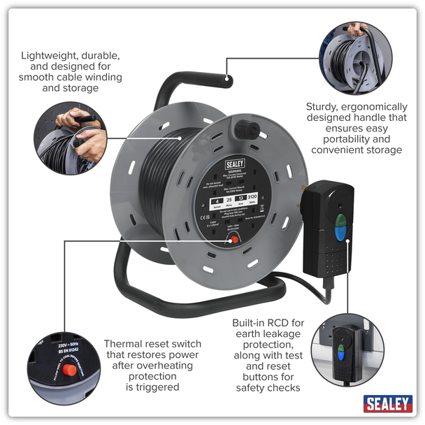 Sealey BCR25RCD | 25m Cable Reel with Thermal Trip & RCD Plug 4 x 230V