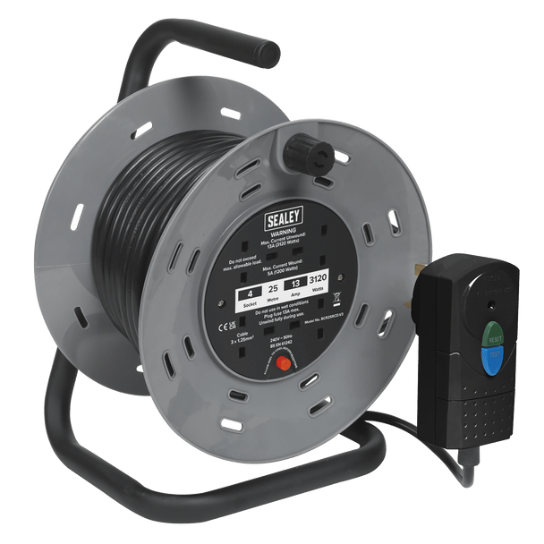 Sealey BCR25RCD | 25m Cable Reel with Thermal Trip & RCD Plug 4 x 230V