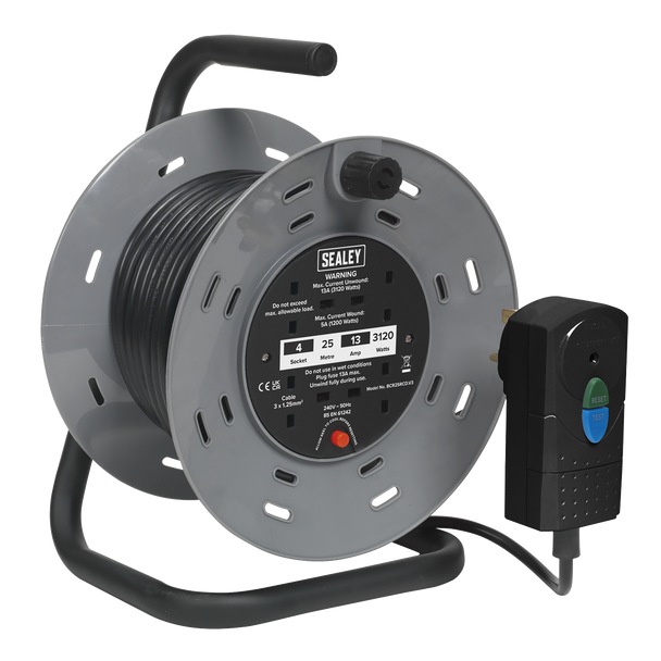 Sealey BCR25RCD | 25m Cable Reel with Thermal Trip & RCD Plug 4 x 230V