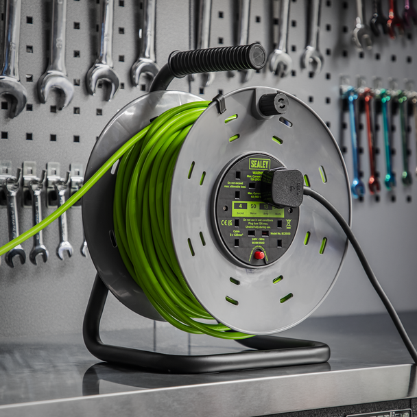 Sealey BCR50G | 50m Cable Reel with Thermal Trip 4 x 230V - Hi-Vis Green