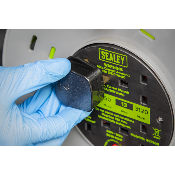Sealey BCR50G | 50m Cable Reel with Thermal Trip 4 x 230V - Hi-Vis Green