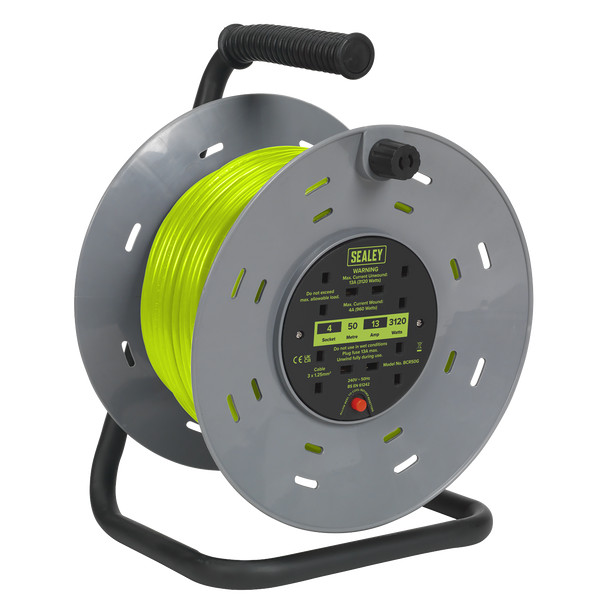 Sealey BCR50G | 50m Cable Reel with Thermal Trip 4 x 230V - Hi-Vis Green