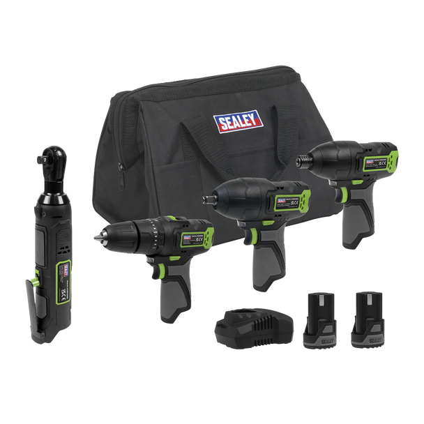 Sealey CP108VCOMBO2EU │ 4 x SV10.8 Series Cordless Power Tool Kit 10.8V - 2 Batteries & Euro Plug