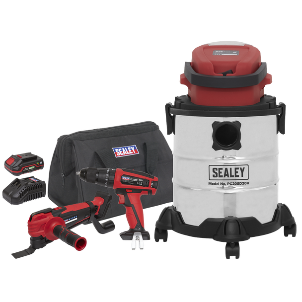 Sealey CP20VCOMBO5 │ 3 x SV20 Series Cordless Power Tool Vac Kit 20V - 2 Batteries