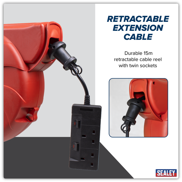 Sealey CRM15 │ Cable Reel System Retractable 15m 2 x 230V Socket