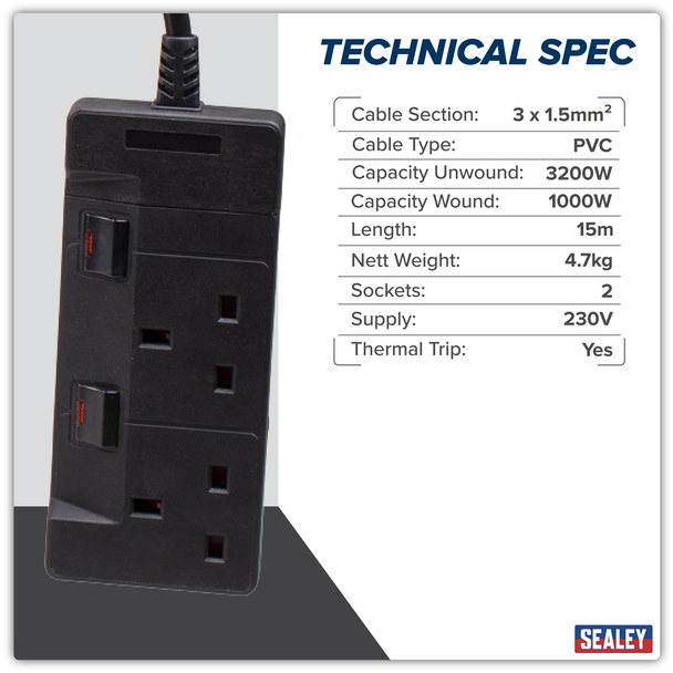Sealey CRM15 │ Cable Reel System Retractable 15m 2 x 230V Socket