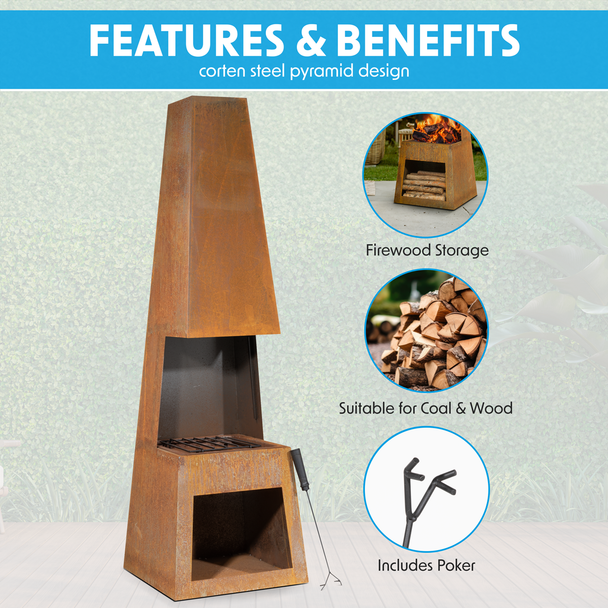 Sealey DG108 │ Dellonda Outdoor Chiminea Fireplace Heater Firewood Storage - Corten Steel