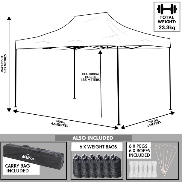 Sealey DG135 │ Dellonda Premium 3 x 4.5m Pop-Up Gazebo, Heavy Duty, PVC Coated, Water-Resistant Fabric, Supplied with Carry Bag, Rope, Stakes & Weight Bags - Blue Canopy
