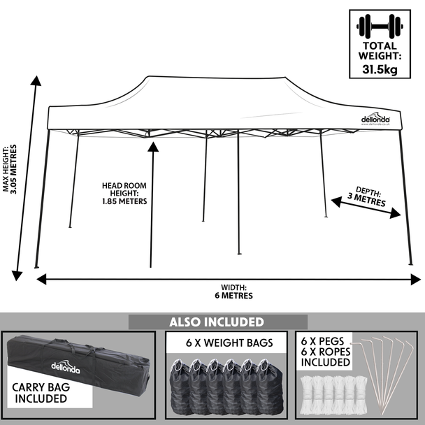 Sealey DG141 │ Dellonda Premium 3x6m Pop-Up Gazebo, Heavy Duty, PVC Coated, Water-Resistant Fabric, Supplied with Carry Bag, Rope, Stakes & Weight Bags - Grey Canopy
