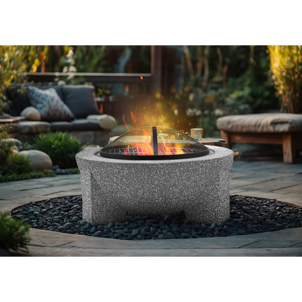 Sealey DG190 │ Dellonda Round MgO Fire Pit with BBQ Grill & Safety Mesh Screen 75cm - Light Grey