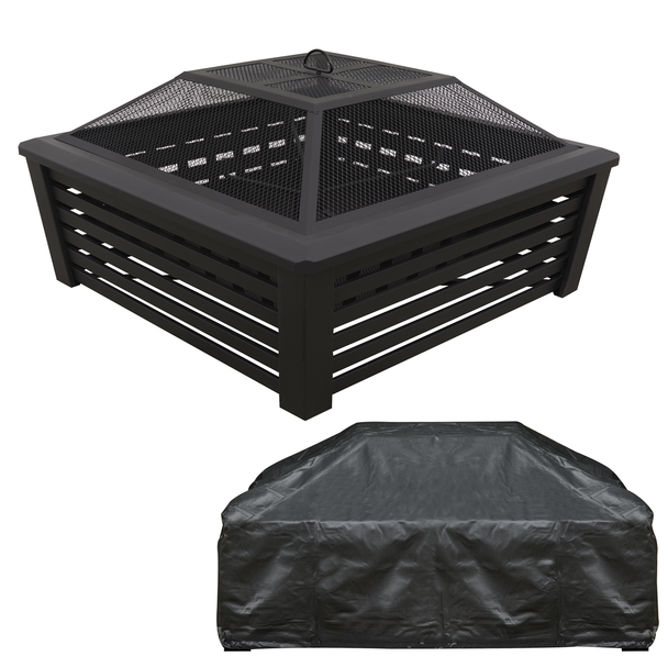 Sealey DG238 │ Dellonda 89cm Square Outdoor Fire Pit, Mesh Screen Lid, Black with Water-Resistant Drawstring Cover