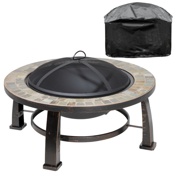 Sealey DG240 │ Dellonda 30" Deluxe Traditional Style Fire Pit, Fireplace, Outdoor Heater with Fire Poker , Safety Mesh Screen & Drawstring Cover - Slate Top
