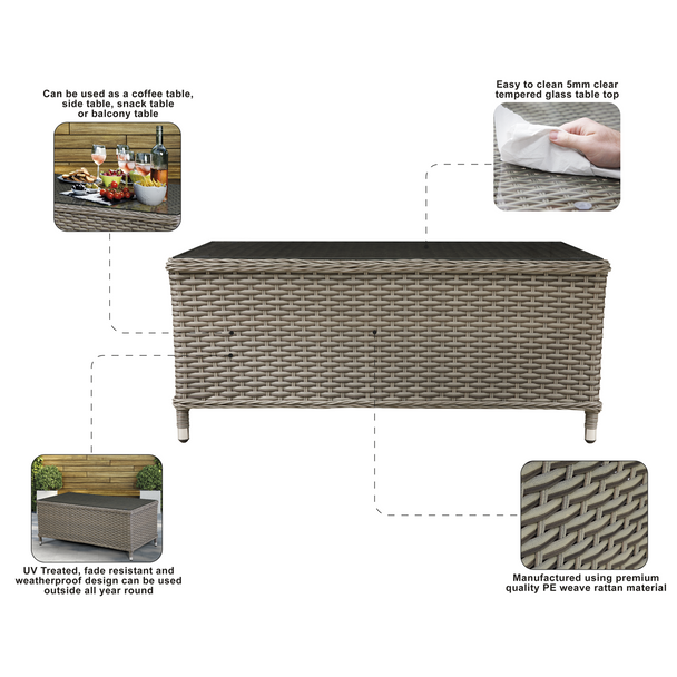 Sealey DG71 │ Dellonda Chester Rattan Wicker Outdoor Balcony Table with Tempered Glass Top