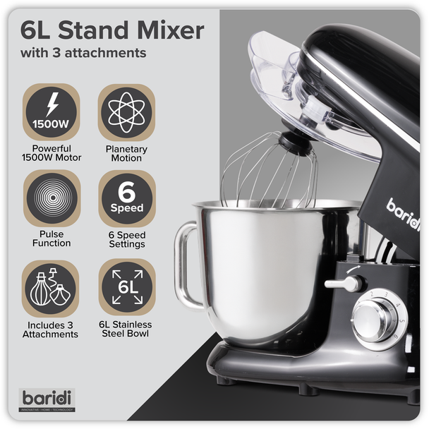 Sealey DH173 ⏐ Baridi 1500W Stand Mixer with Accessories 6L - Black