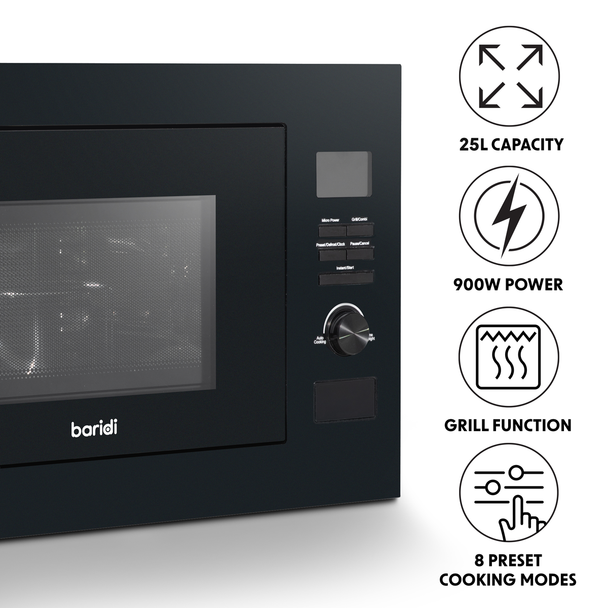 Sealey DH198 │ Baridi Integrated Microwave Oven with Grill 25L Capacity 900W - Black [DH198]