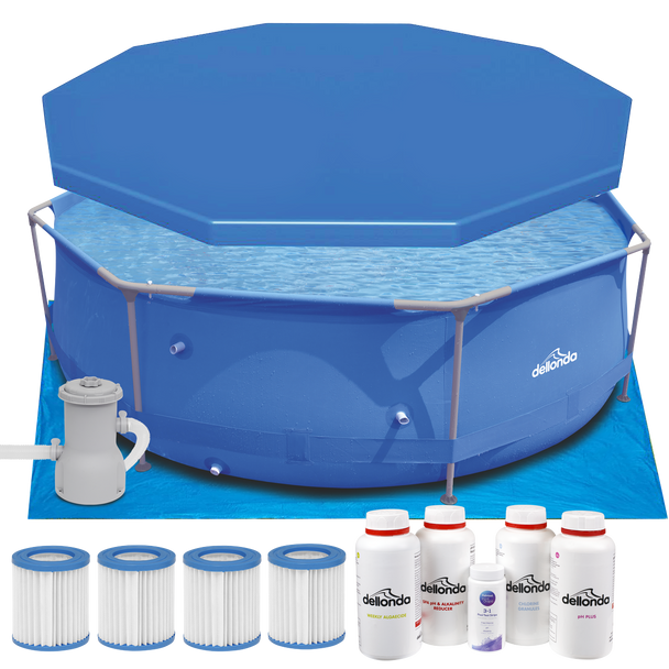 Sealey DL137 │Dellonda Steel Frame Round Swimming Pool & Filter Pump with Cover, Ground Sheet, Test Strips, Starter Kit & Filters 10ft - Blue