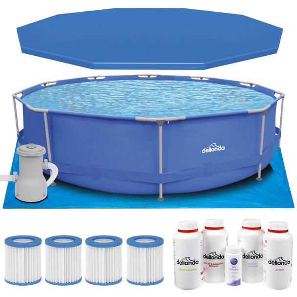 Sealey DL138 │ Dellonda Steel Frame Round Swimming Pool & Filter Pump with Cover, Ground Sheet, Test Strips, Starter Kit & Filters 12ft - Blue