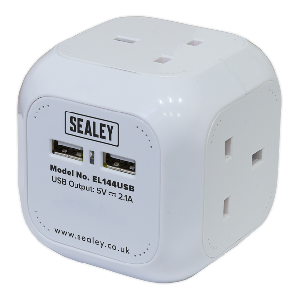 Sealey EL144USB  │ 1.4m Extension Cable Cube 4 x 230V & 2 x USB - White