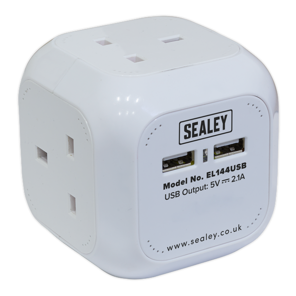 Sealey EL144USB  │ 1.4m Extension Cable Cube 4 x 230V & 2 x USB - White