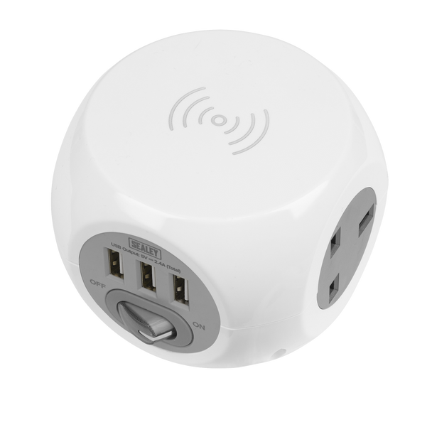 Sealey EL144WC │ 1.4m Extension Cable Cube & Wireless Charging Pad 3 x 230V & 3 x USB